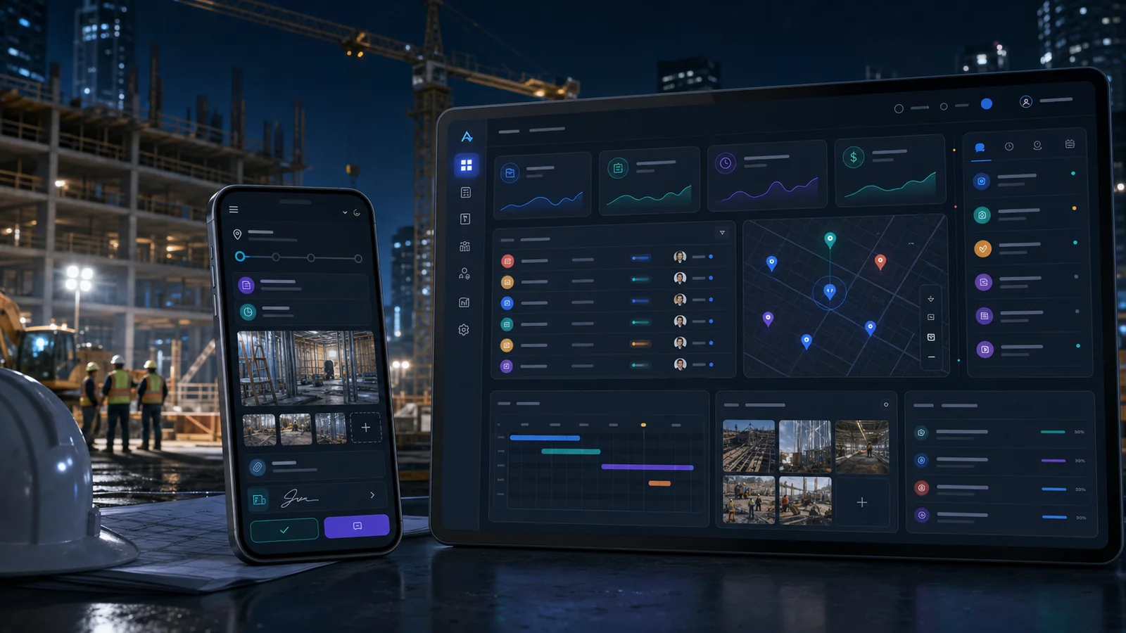 Construction operations dashboard and mobile field app displayed at a job site