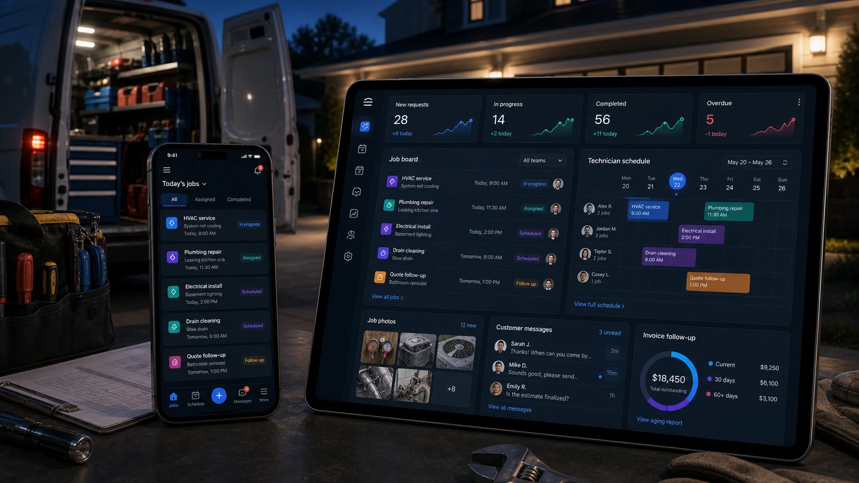 Home service job dashboard and mobile technician app beside a service vehicle