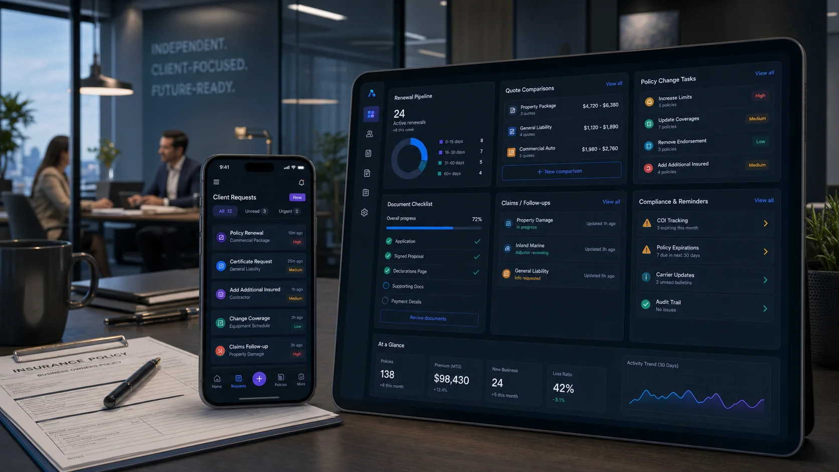 Insurance broker renewal dashboard and mobile client request app in a professional office