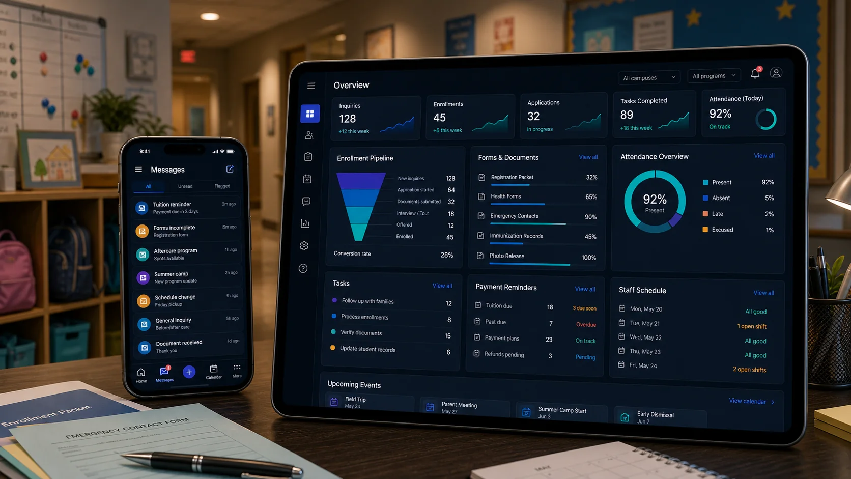 Private education administration dashboard and mobile enrollment app in a school office