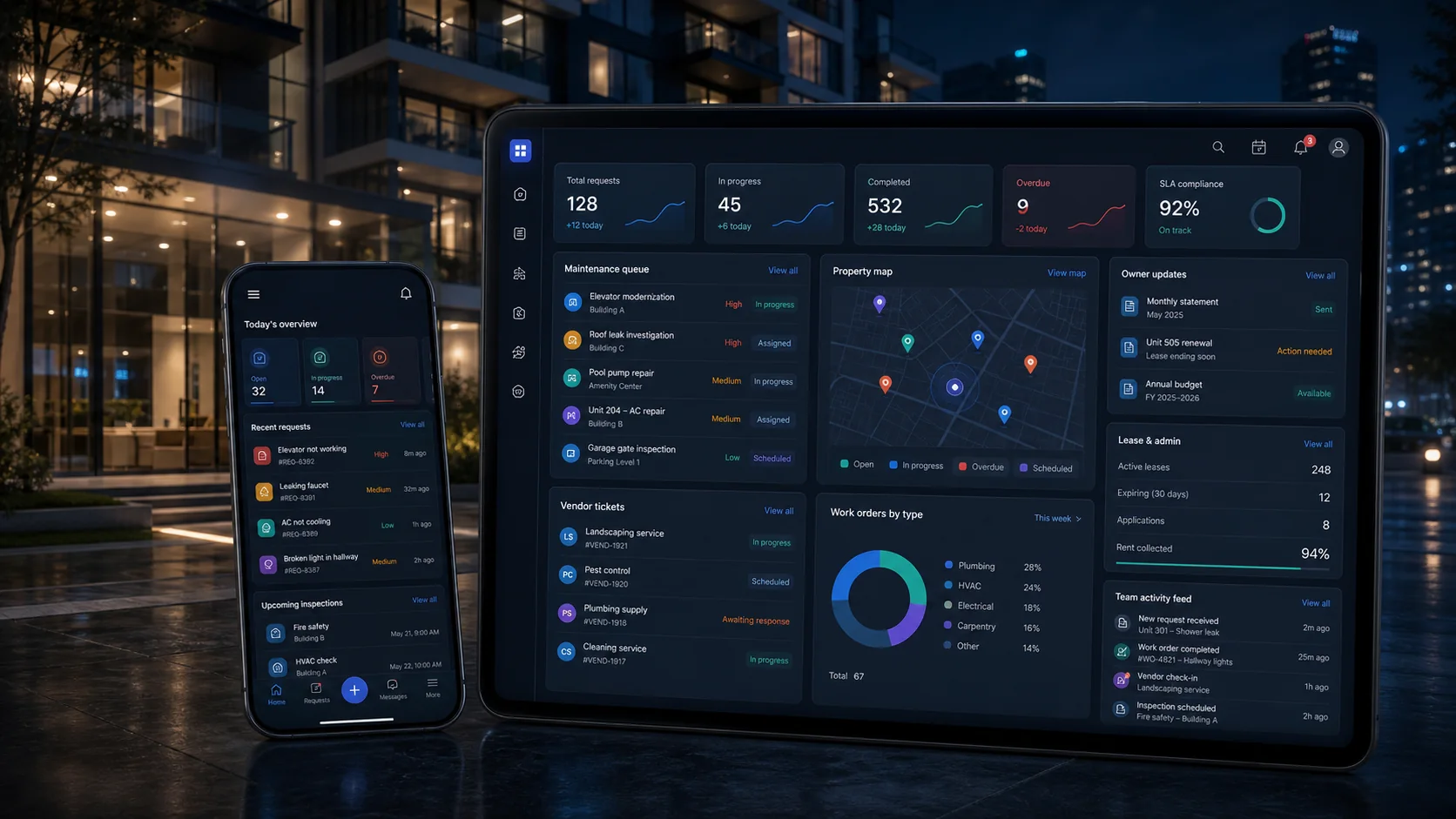 Property management dashboard and mobile request app in front of a modern residential building