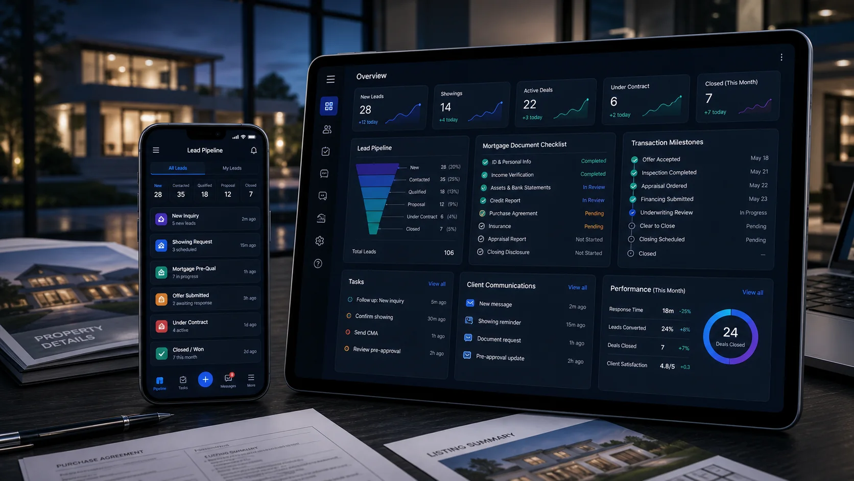 Real estate and mortgage pipeline dashboard with mobile transaction workflow app